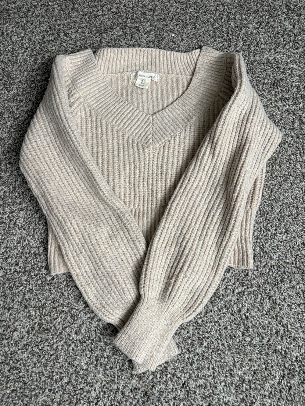 Ribbed V-Neck Sweater in Light Beige